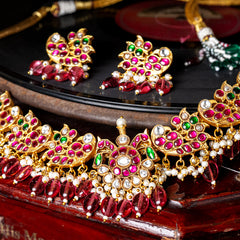 MDN112- Multi Colour Gold Plated Jadau Kundan Temple Necklace Set