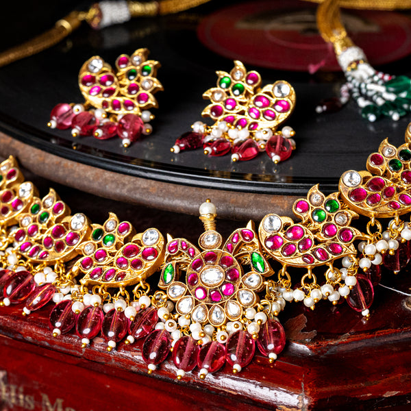 MDN112- Multi Colour Gold Plated Jadau Kundan Temple Necklace Set