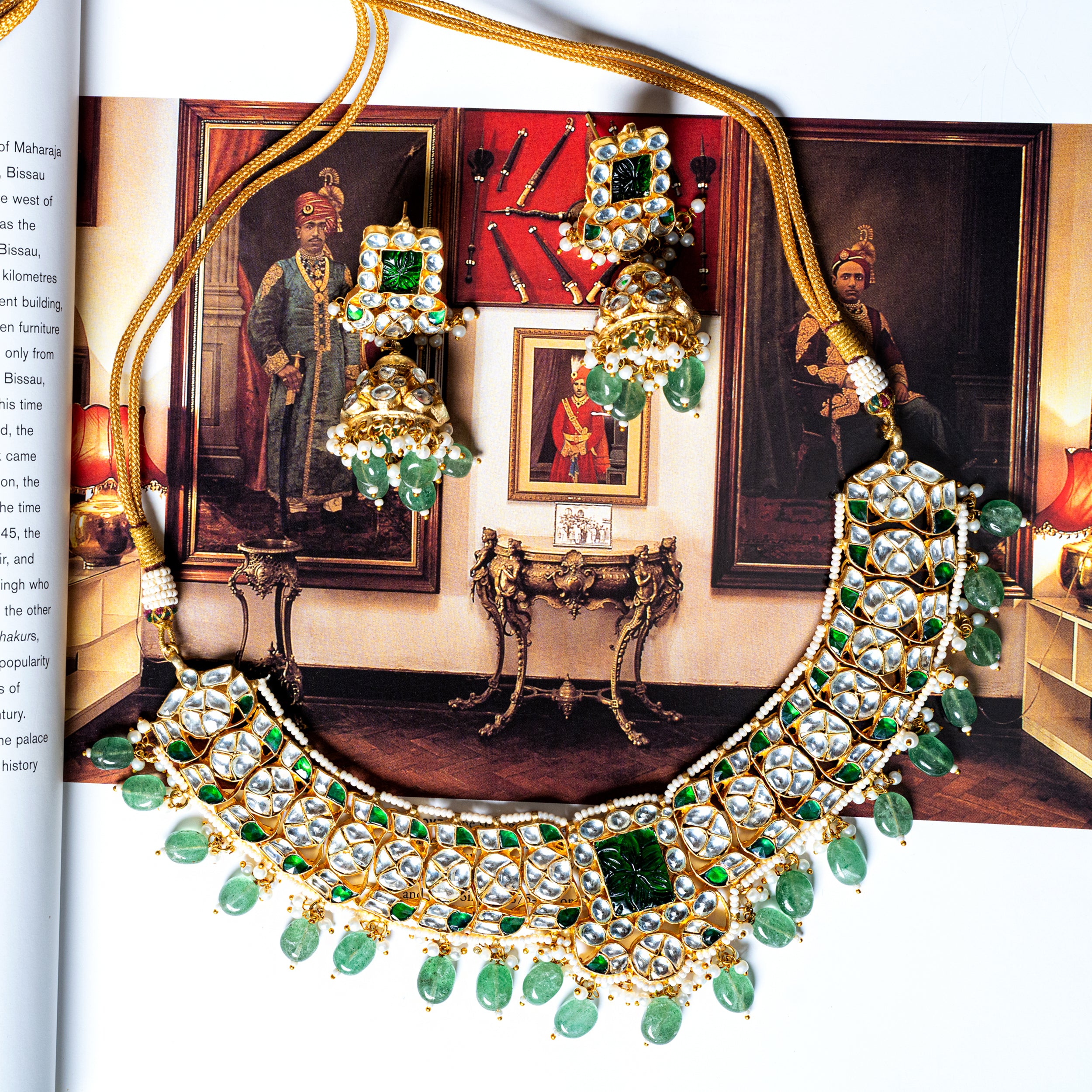 MDN004- Green and White Colour Gold Plated Jadau Kundan Necklace set