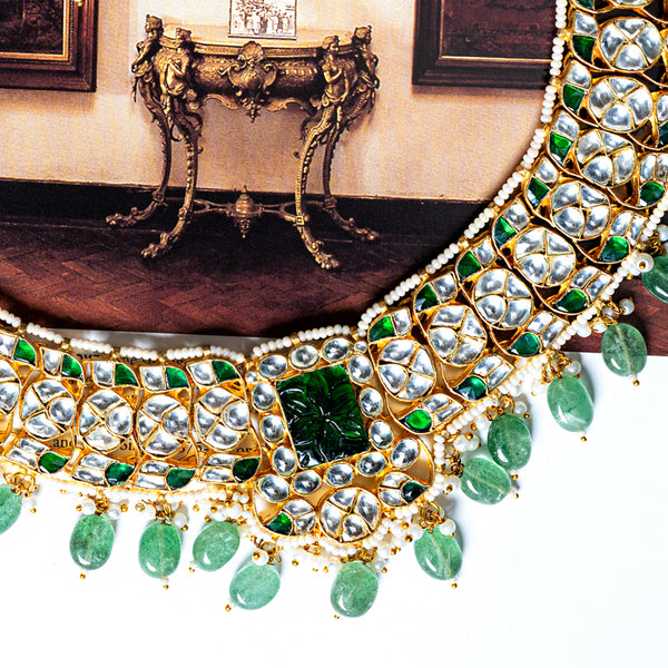 MDN004- Green and White Colour Gold Plated Jadau Kundan Necklace set