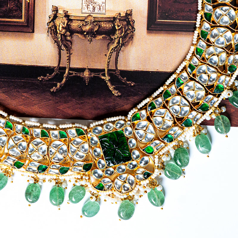 MDN004- Green and White Colour Gold Plated Jadau Kundan Necklace set