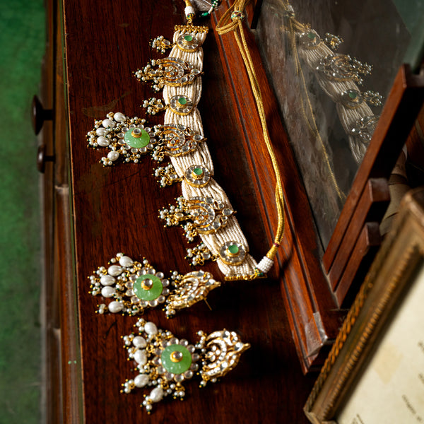 MDN009- White and Green Colour Gold Plated Jadau Kundan Choker set