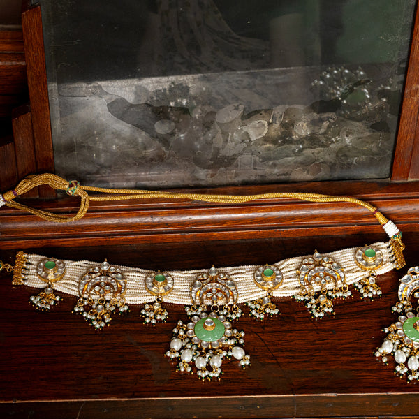 MDN009- White and Green Colour Gold Plated Jadau Kundan Choker set