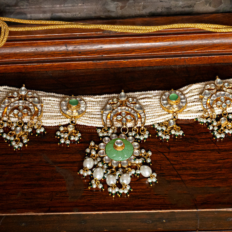 MDN009- White and Green Colour Gold Plated Jadau Kundan Choker set