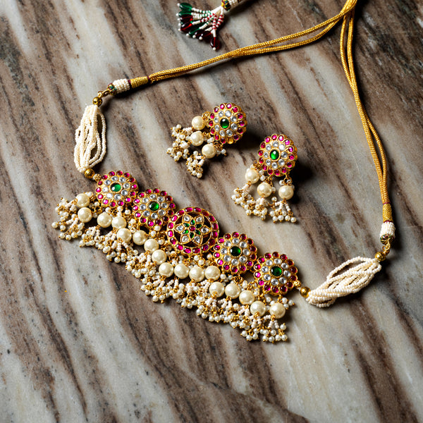MDN113- Multi Colour Gold Plated Jadau Kundan Temple Choker Set