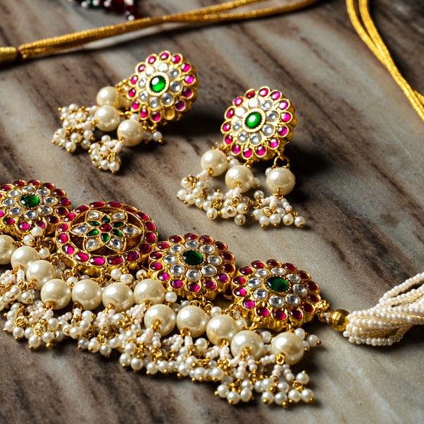 MDN113- Multi Colour Gold Plated Jadau Kundan Temple Choker Set