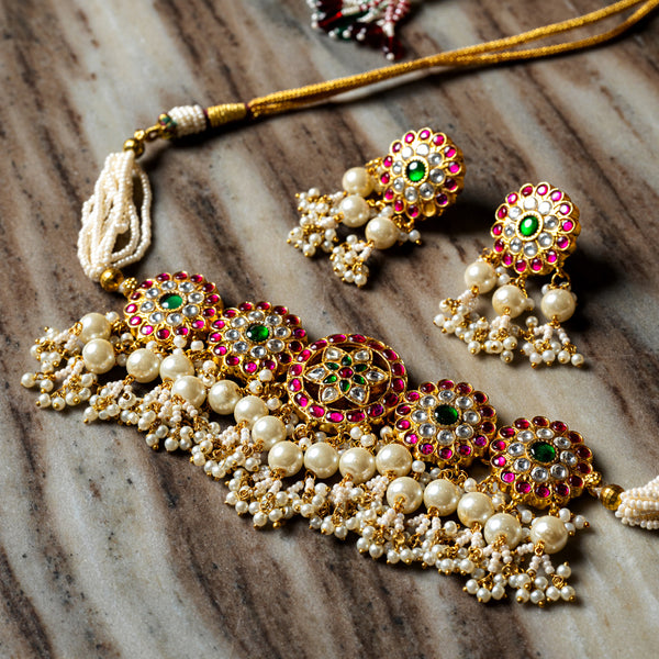MDN113- Multi Colour Gold Plated Jadau Kundan Temple Choker Set