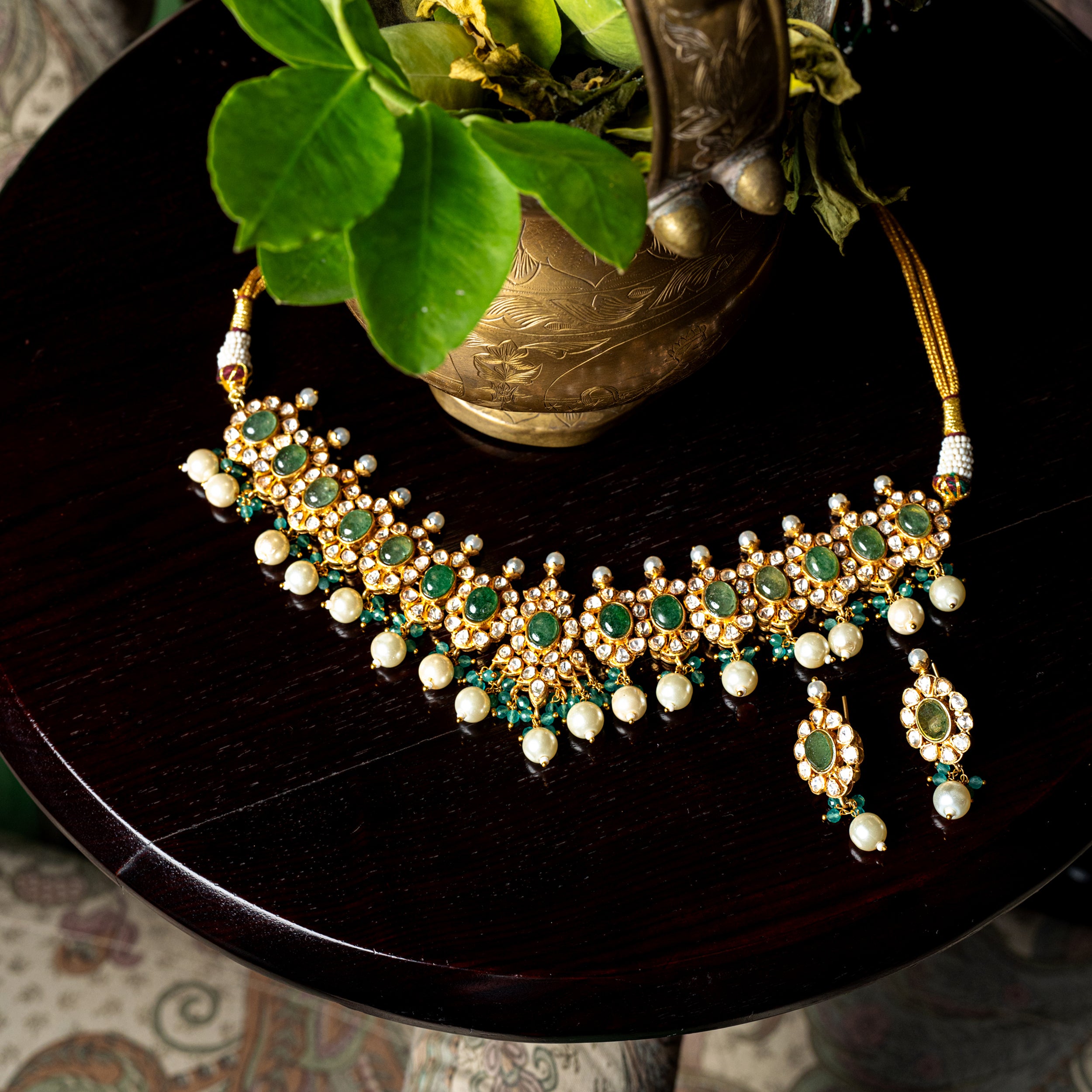 MDN109- Green Colour Gold Plated Jadau Kundan Necklace Set