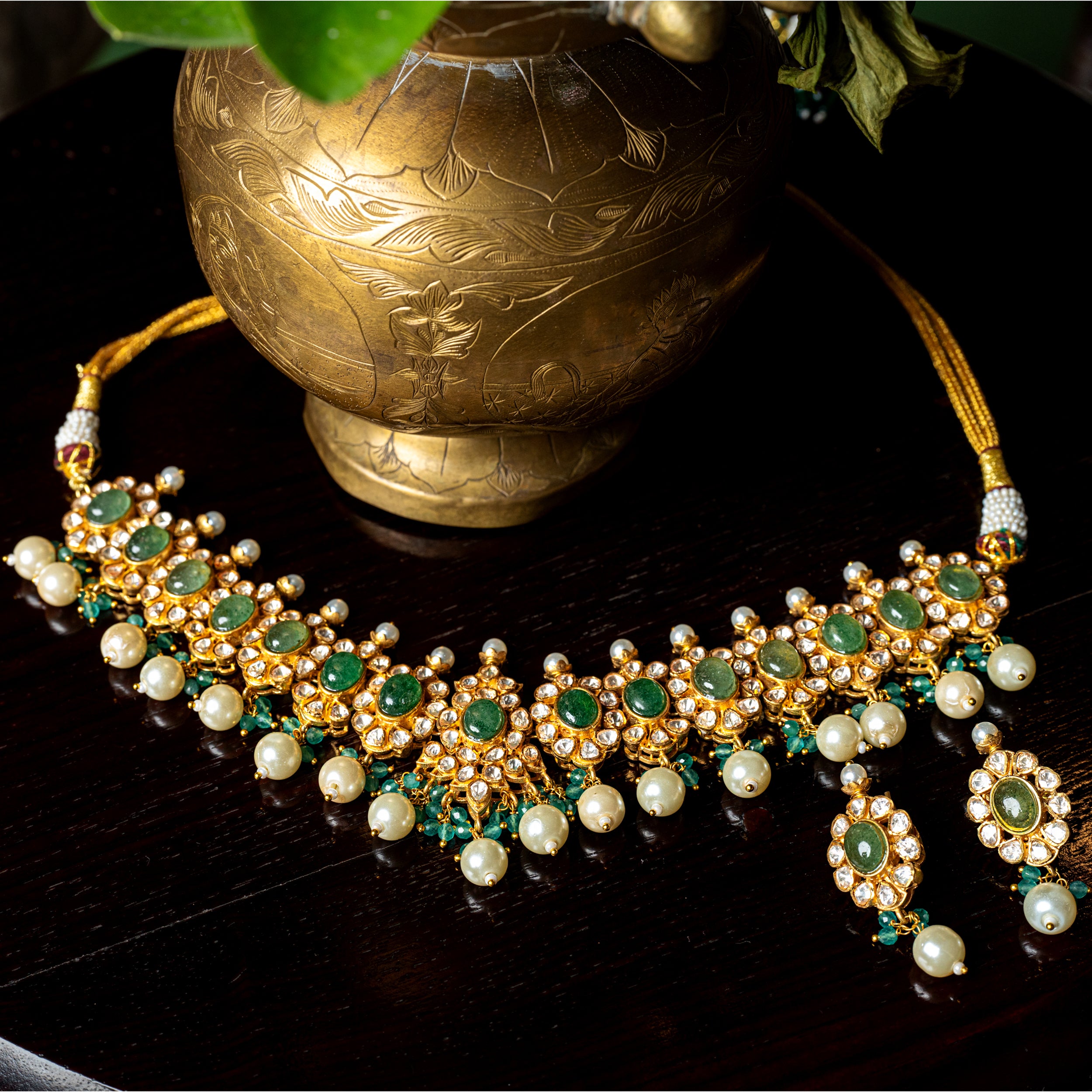 MDN109- Green Colour Gold Plated Jadau Kundan Necklace Set