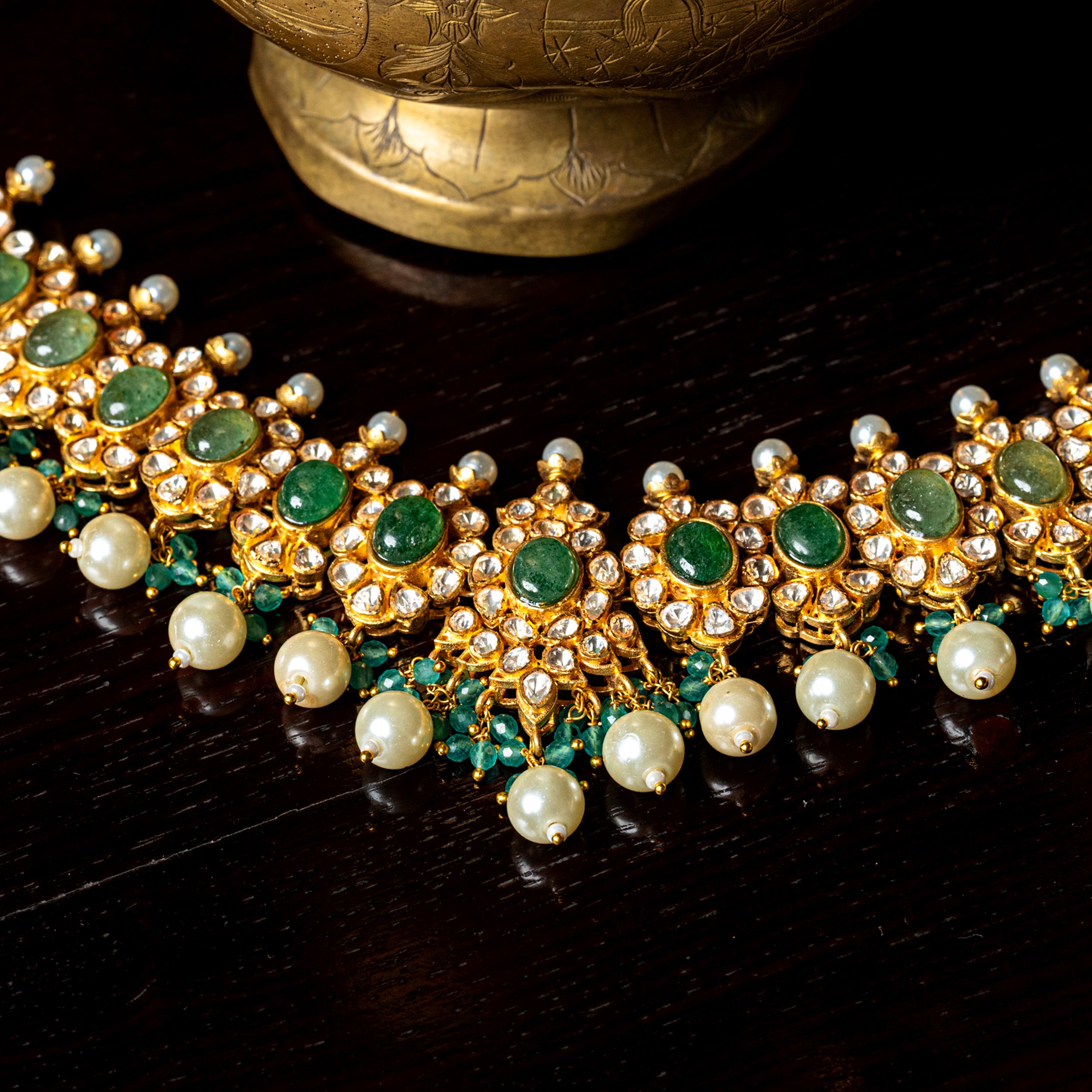 MDN109- Green Colour Gold Plated Jadau Kundan Necklace Set