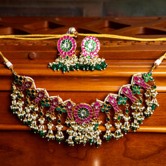 MDN007- Multi Colour Gold Plated Jadau Kundan Necklace set