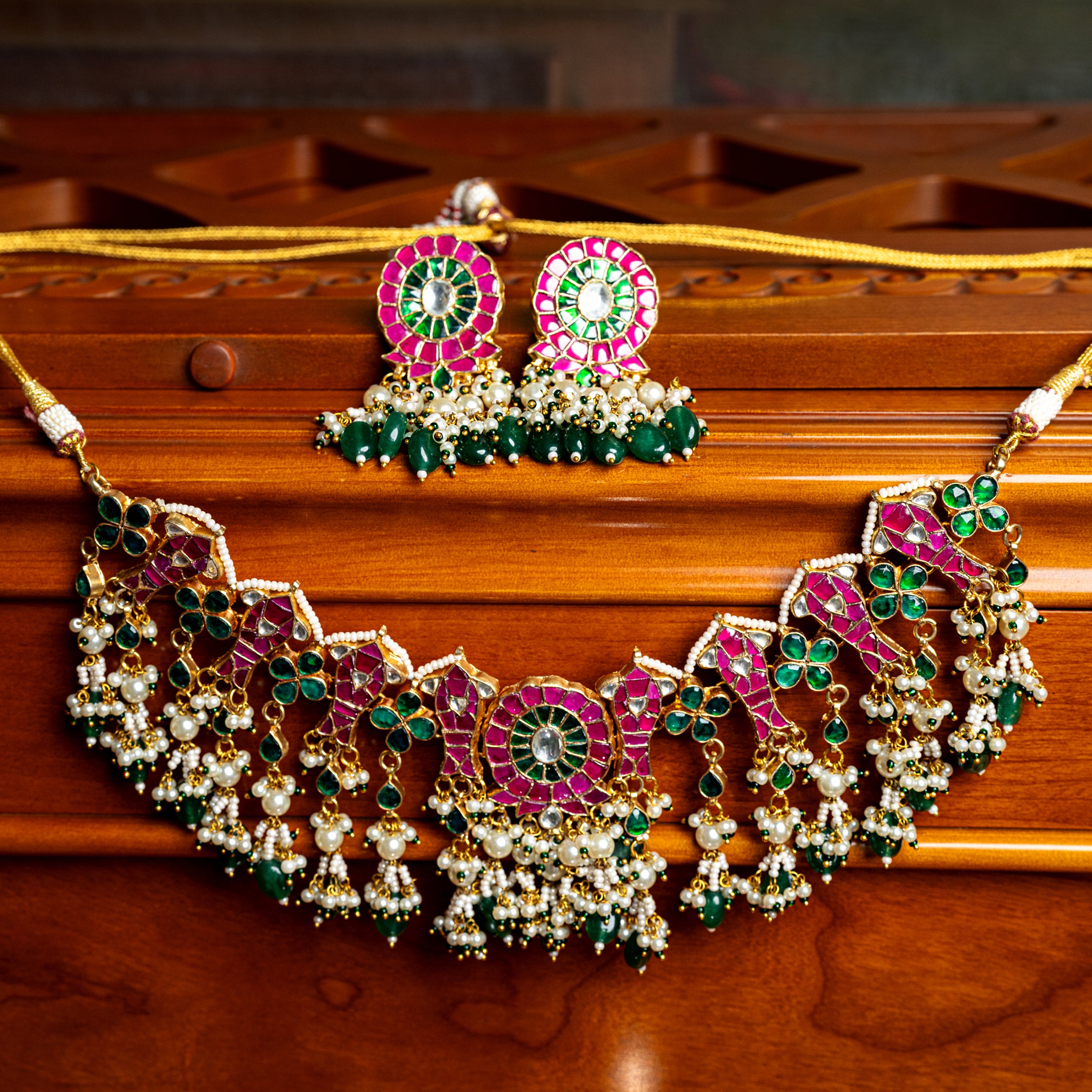 MDN007- Multi Colour Gold Plated Jadau Kundan Necklace set