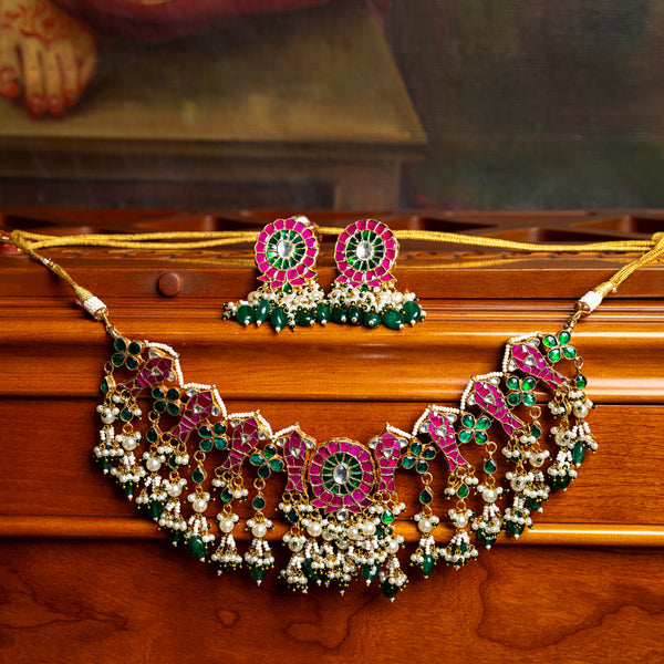 MDN007- Multi Colour Gold Plated Jadau Kundan Necklace set