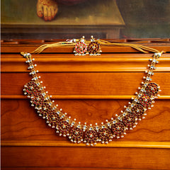 MDN003- Red Colour Gold Plated Jadau Kundan Temple Long Necklace Set