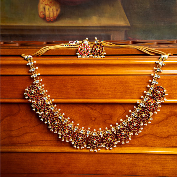 MDN003- Red Colour Gold Plated Jadau Kundan Temple Long Necklace Set