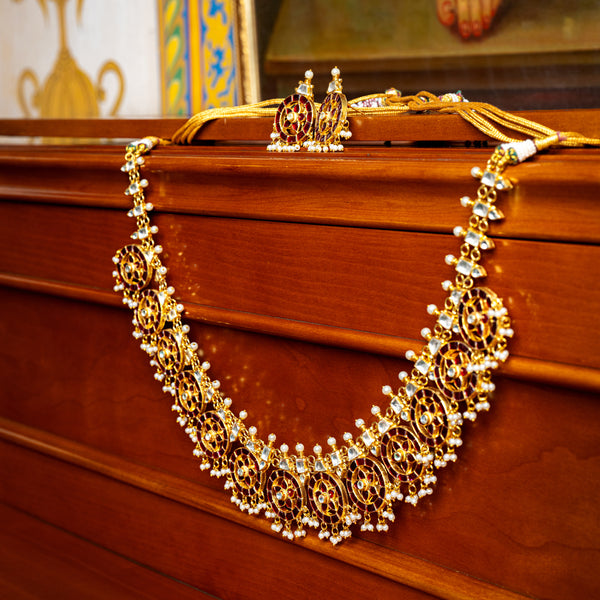 MDN003- Red Colour Gold Plated Jadau Kundan Temple Long Necklace Set