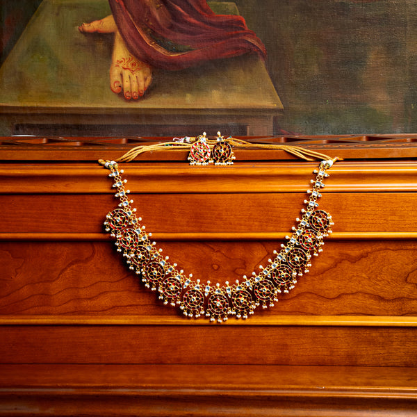 MDN003- Red Colour Gold Plated Jadau Kundan Temple Long Necklace Set