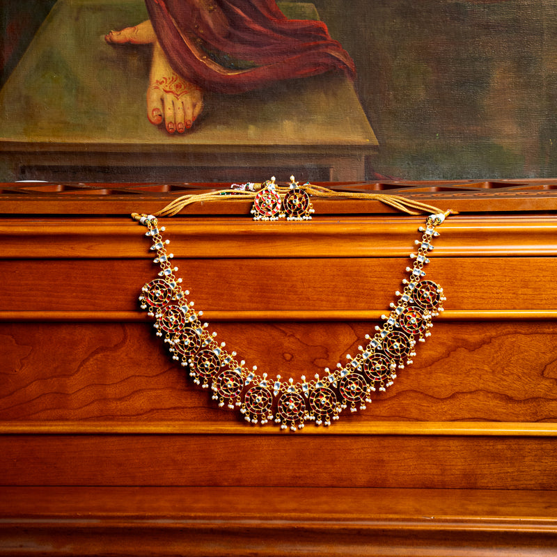 MDN003- Red Colour Gold Plated Jadau Kundan Temple Long Necklace Set