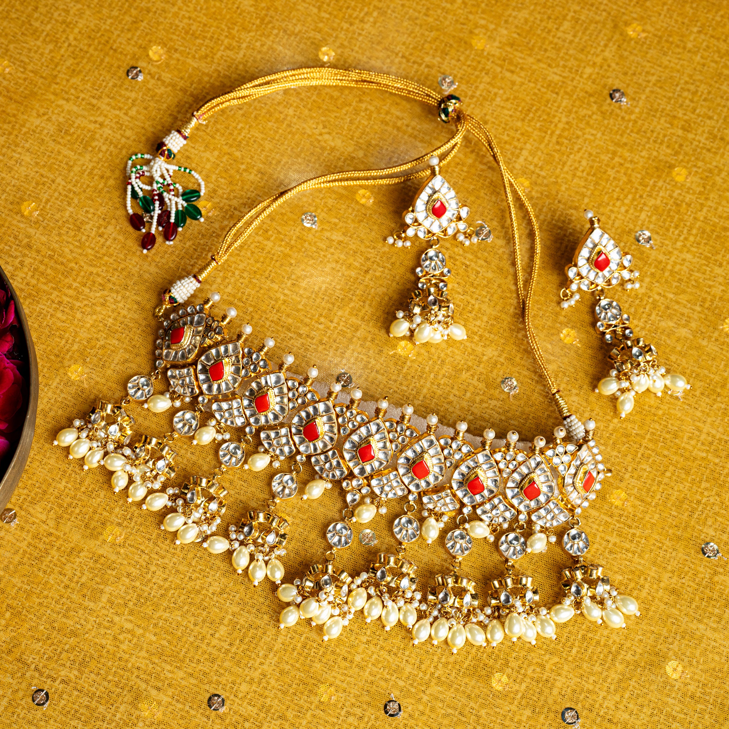 MDN006- Orange and White Colour Gold Plated Jadau Kundan Choker set