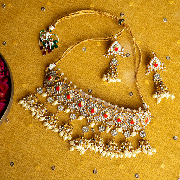 MDN006- Orange and White Colour Gold Plated Jadau Kundan Choker set