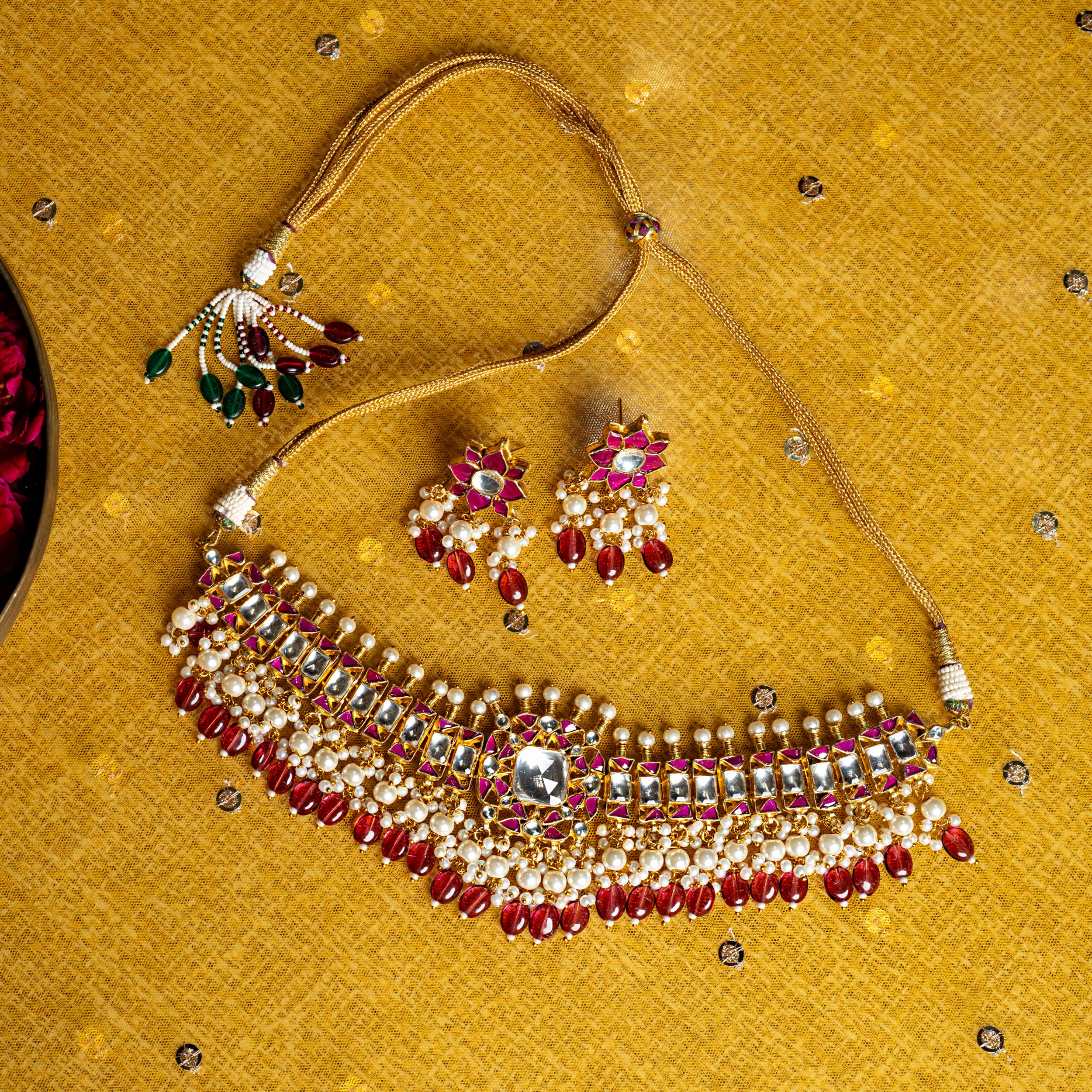 MDN005- Pink and White Colour Gold Plated Jadau Kundan Choker set