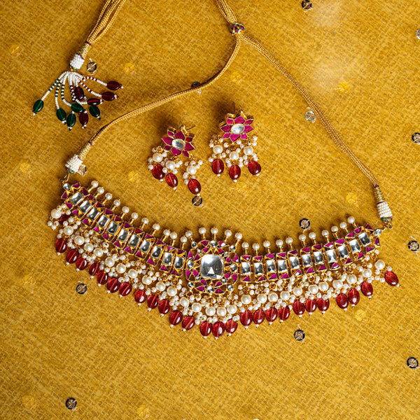 MDN005- Pink and White Colour Gold Plated Jadau Kundan Choker set