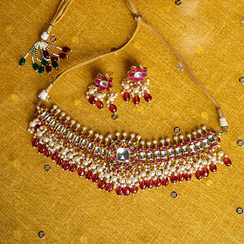 MDN005- Pink and White Colour Gold Plated Jadau Kundan Choker set