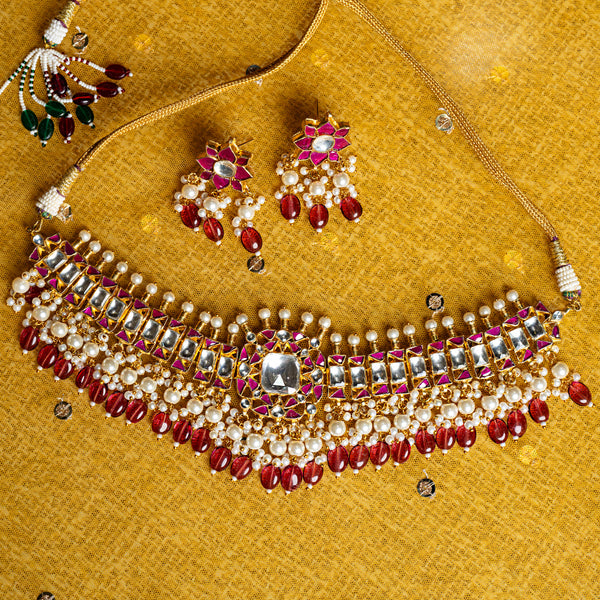 MDN005- Pink and White Colour Gold Plated Jadau Kundan Choker set