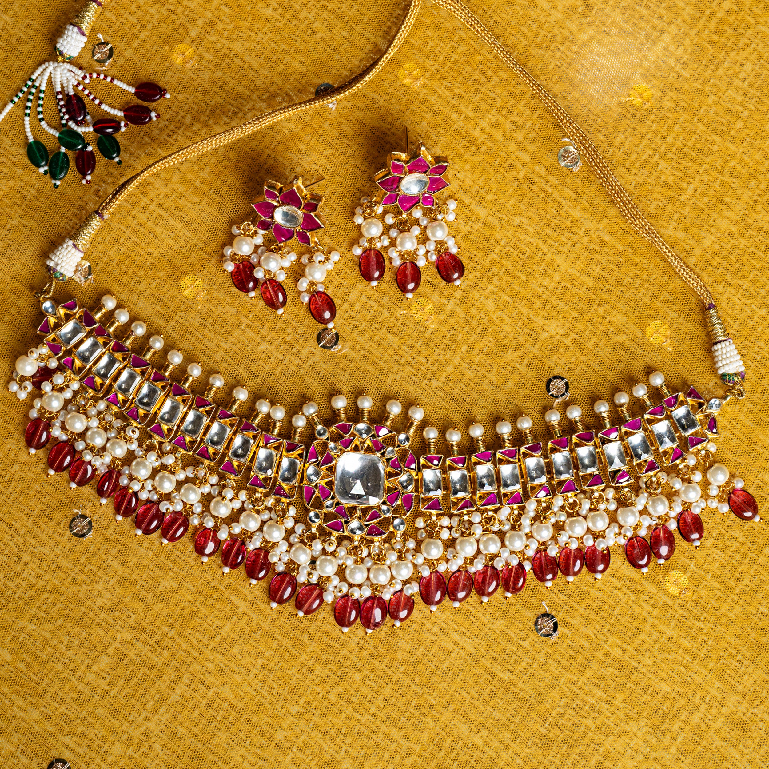 MDN005- Pink and White Colour Gold Plated Jadau Kundan Choker set