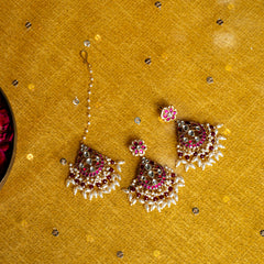 MDE034- Pink and White Colour Gold Plated Jadau Kundan Chandbali Earrings with Tika