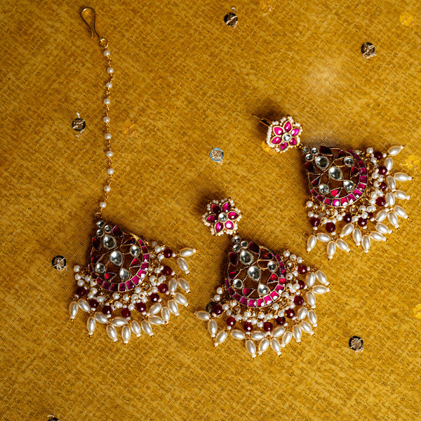 MDE034- Pink and White Colour Gold Plated Jadau Kundan Chandbali Earrings with Tika