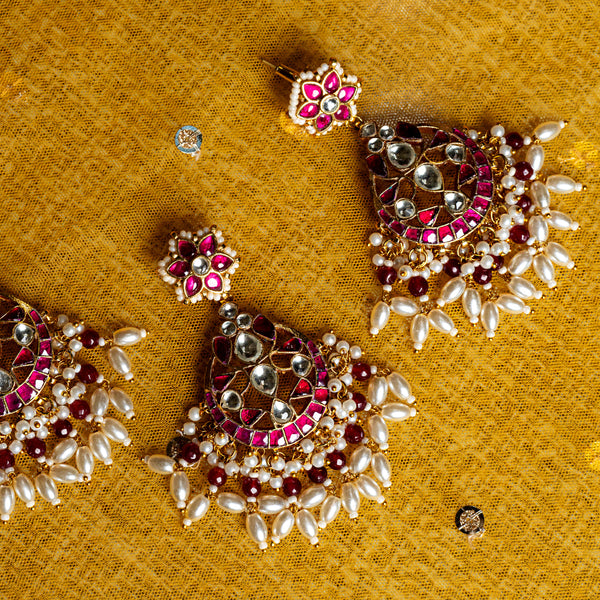 MDE034- Pink and White Colour Gold Plated Jadau Kundan Chandbali Earrings with Tika