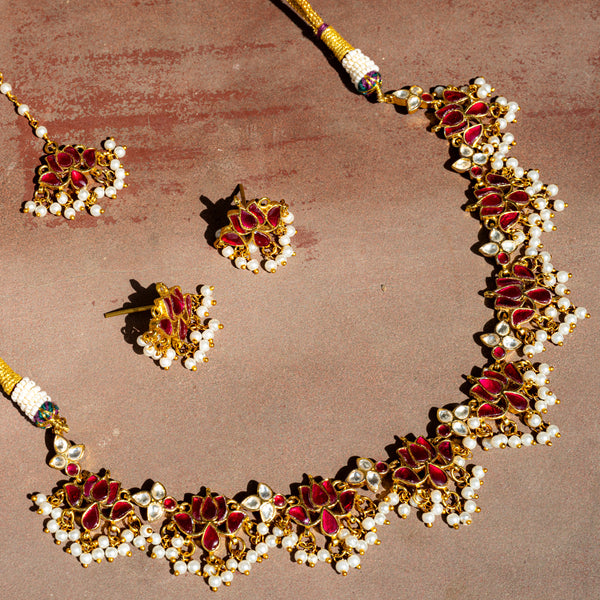 MDN012- Red and White Colour Gold Plated Jadau Kundan Choker set with Tika