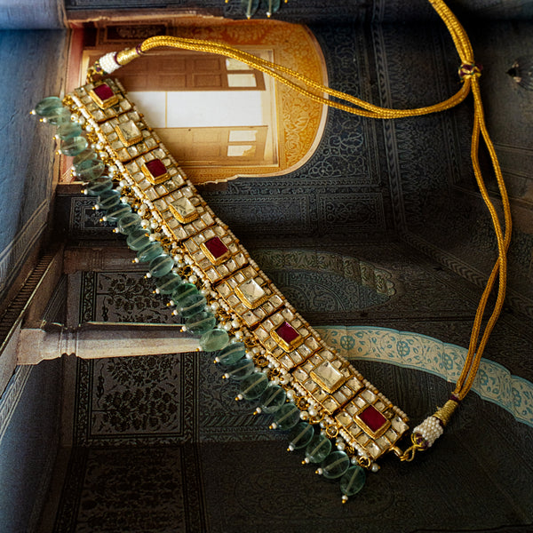 MDN118- Pink and White Gold Plated Jadau Kundan Choker Set