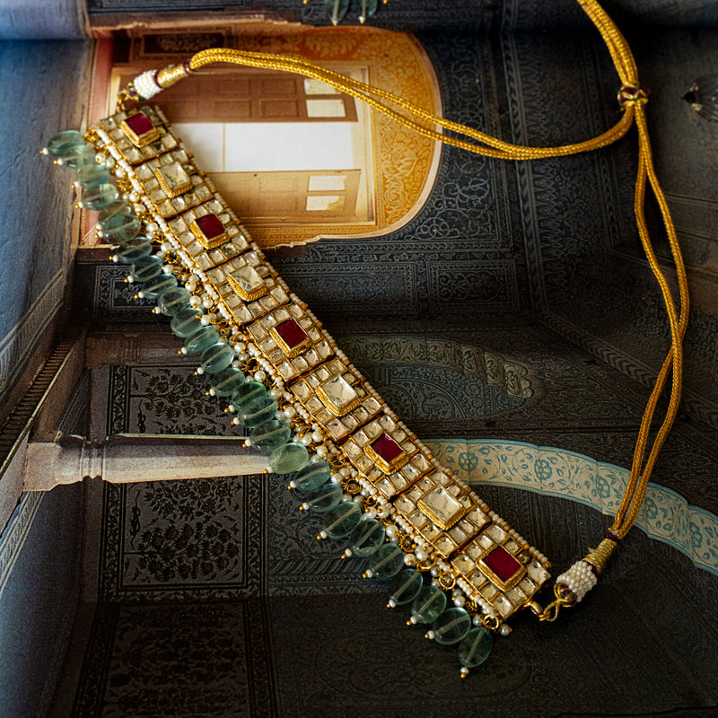 MDN118- Pink and White Gold Plated Jadau Kundan Choker Set