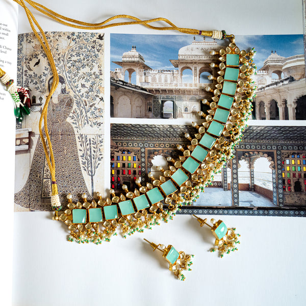 MDN002 - Blue Colour Gold Plated Jadau Kundan Choker set