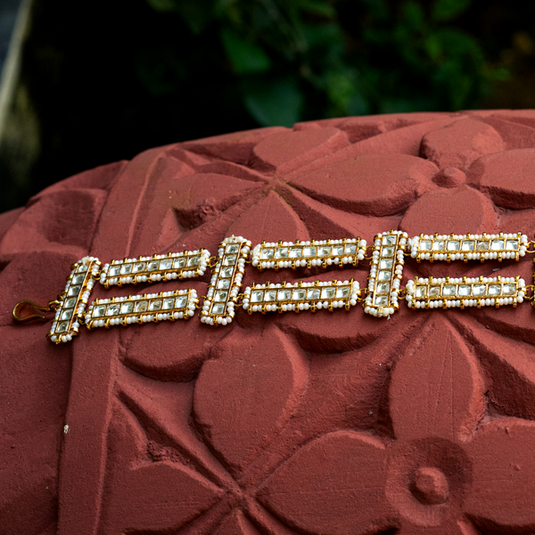 MDH047- White Colour Gold Plated Jadau Kundan Headband