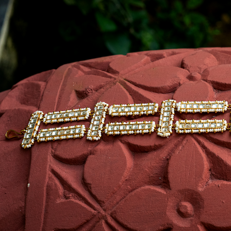 MDH047- White Colour Gold Plated Jadau Kundan Headband