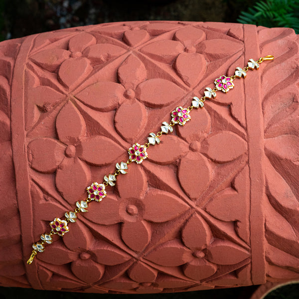 MDH053- Pink and White Colour Gold Plated Jadau Kundan Headband