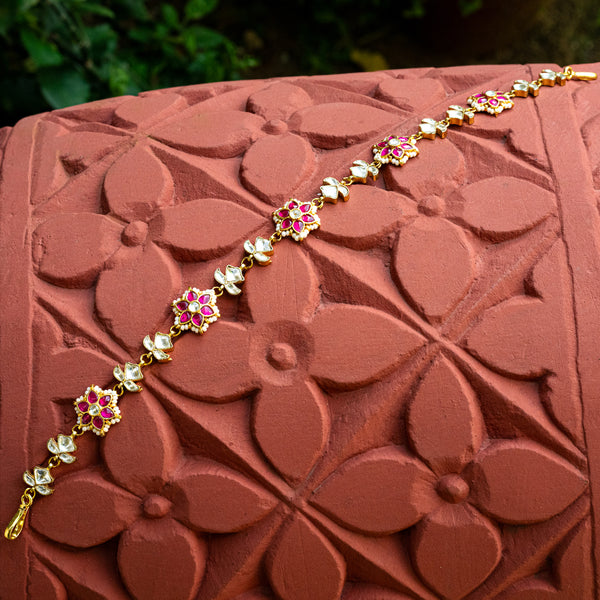 MDH053- Pink and White Colour Gold Plated Jadau Kundan Headband