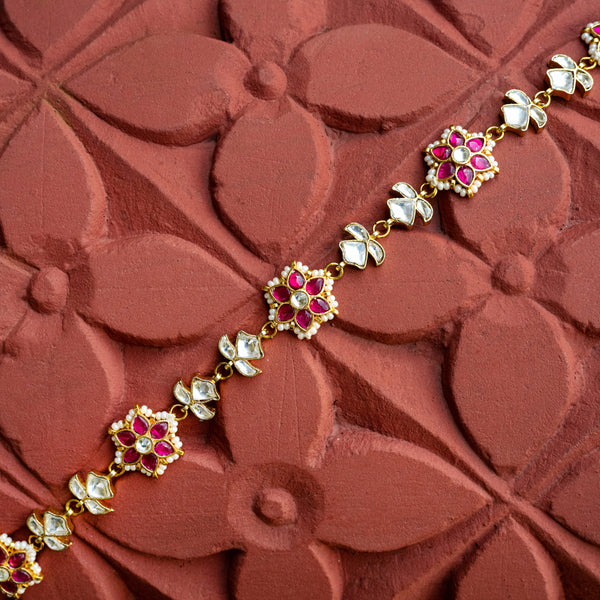 MDH053- Pink and White Colour Gold Plated Jadau Kundan Headband