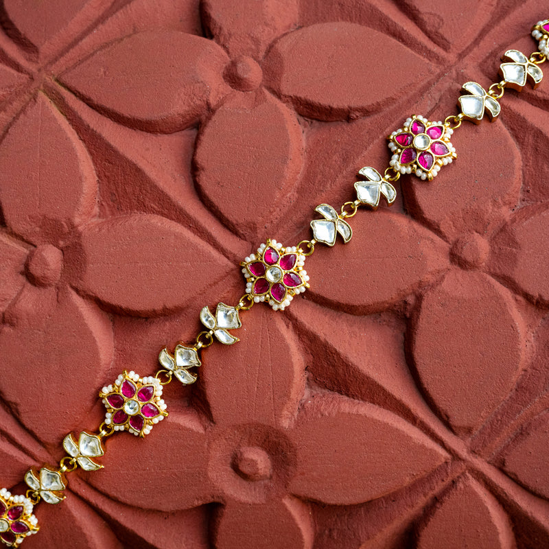 MDH053- Pink and White Colour Gold Plated Jadau Kundan Headband