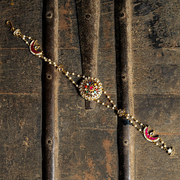 MDH046- Multi Colour Gold Plated Jadau Kundan Headband