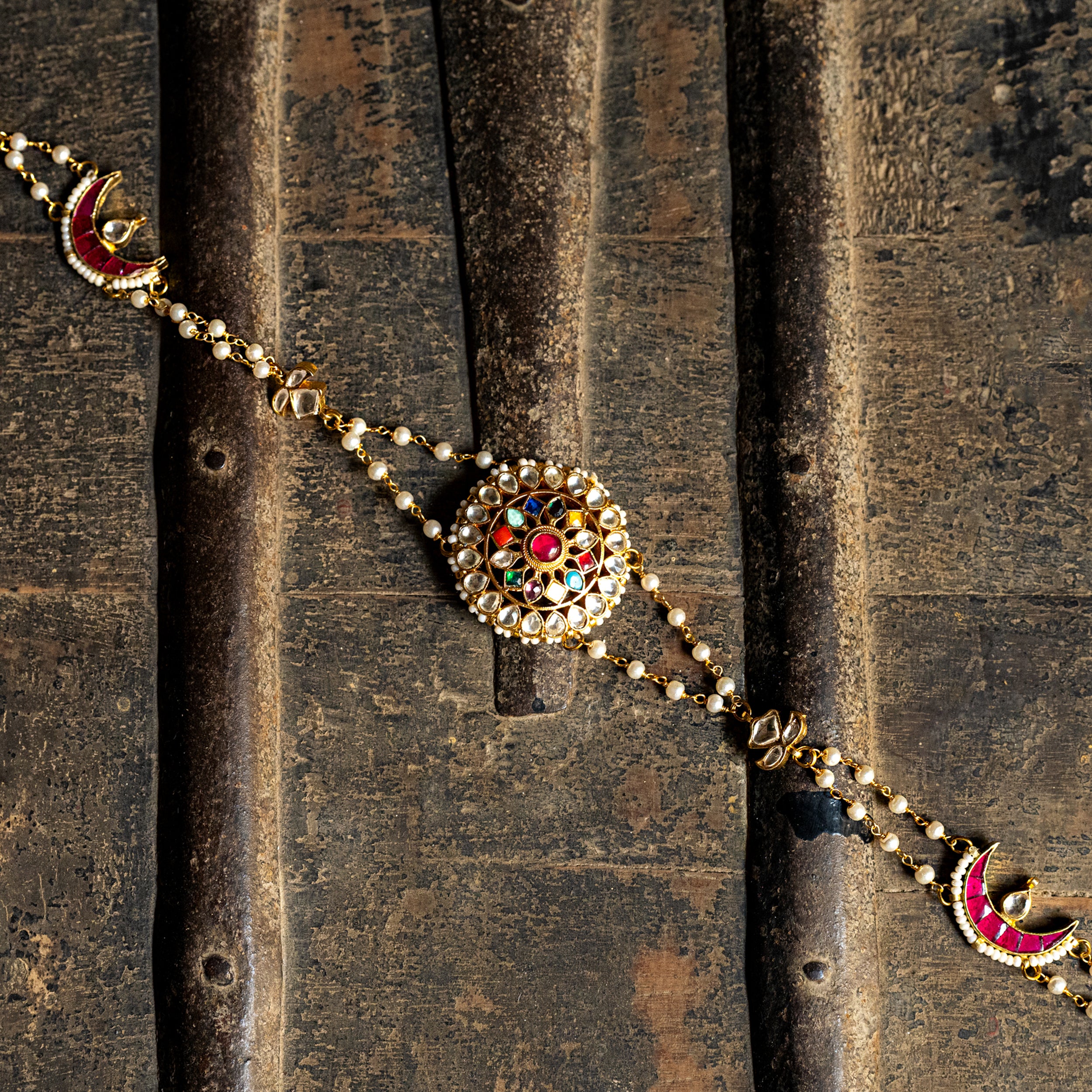 MDH046- Multi Colour Gold Plated Jadau Kundan Headband