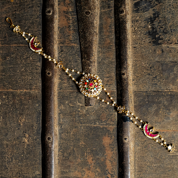 MDH046- Multi Colour Gold Plated Jadau Kundan Headband