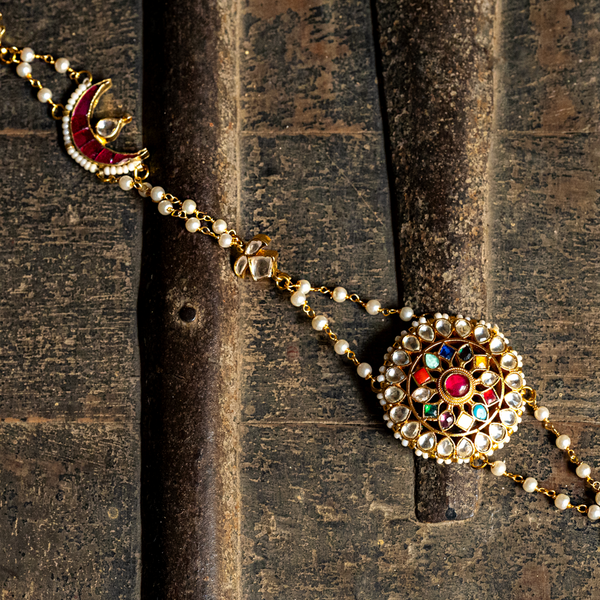 MDH046- Multi Colour Gold Plated Jadau Kundan Headband