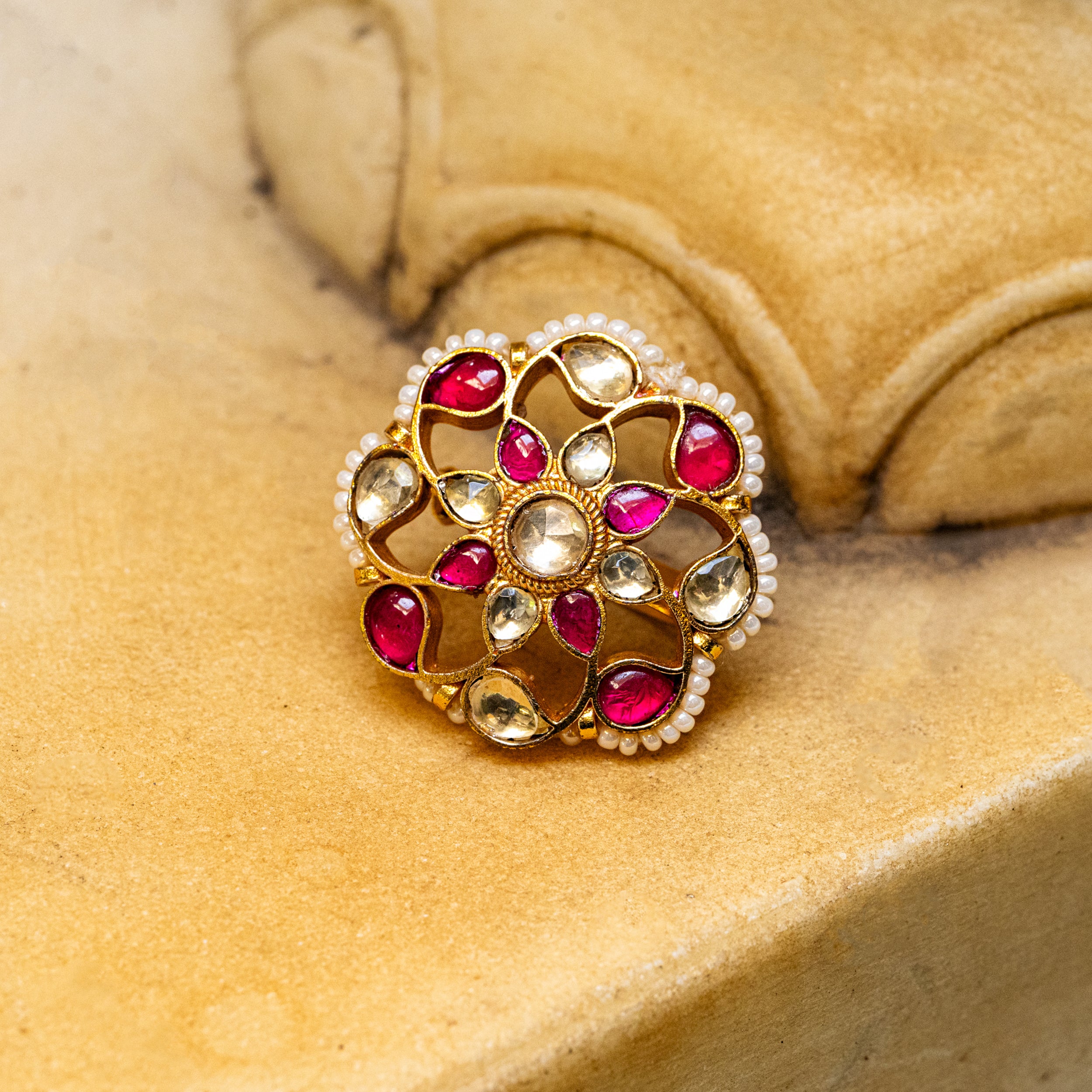 MDR092- Pink and White Colour Gold Plated Jadau Kundan Ring