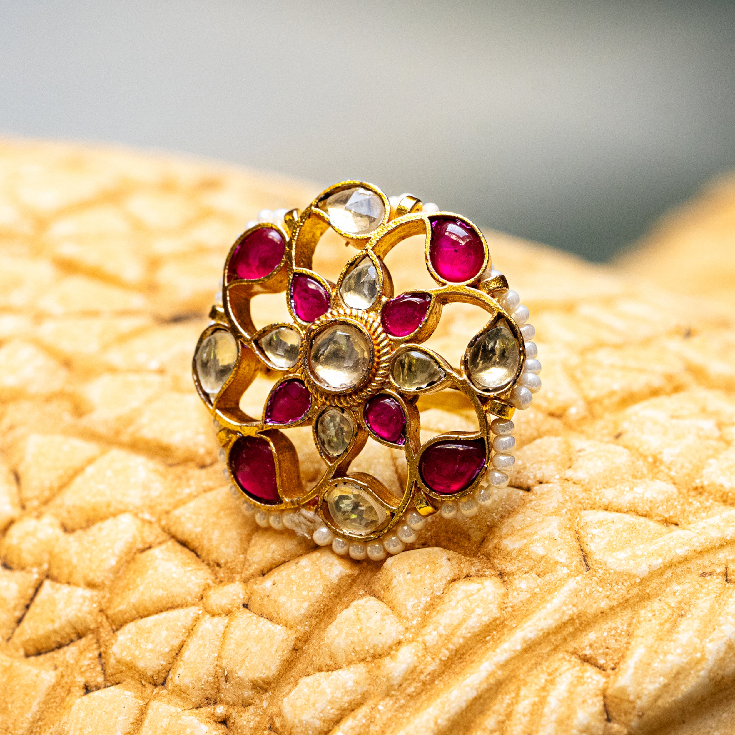 MDR092- Pink and White Colour Gold Plated Jadau Kundan Ring