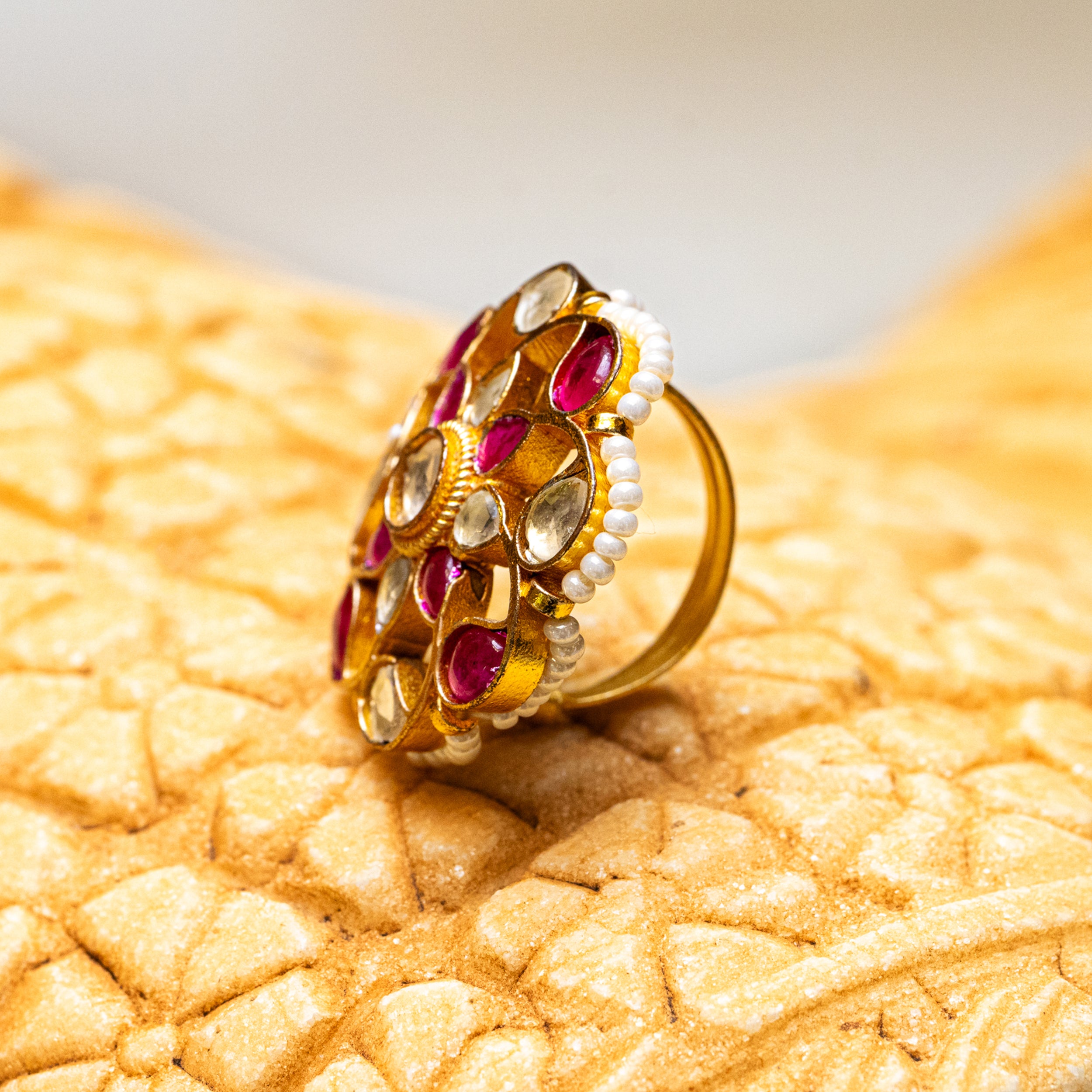 MDR092- Pink and White Colour Gold Plated Jadau Kundan Ring