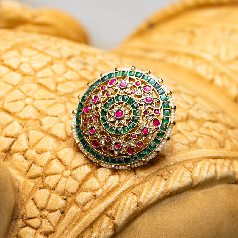 MDR094- Multi Colour Gold Plated Jadau Kundan Ring